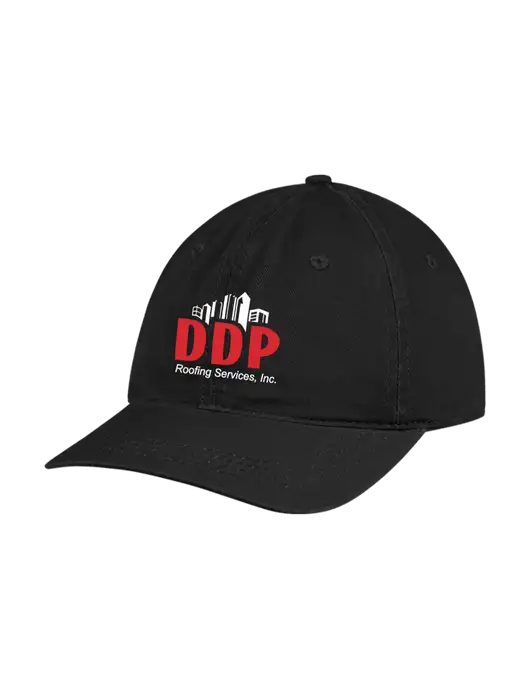 Garment Washed Unstructured Twill Black Cap w/DDP Roofing Services Logo