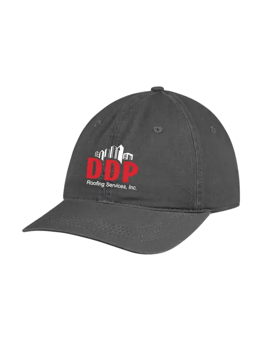 Garment Washed Unstructured Twill Charcoal Cap w/DDP Roofing Services Logo