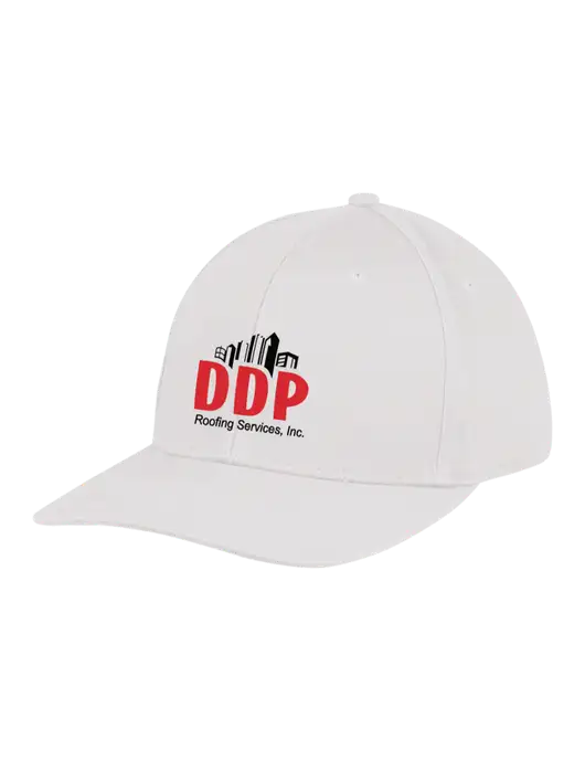 Premium Modern Structured Twill White Snapback Cap w/DDP Roofing Services Logo