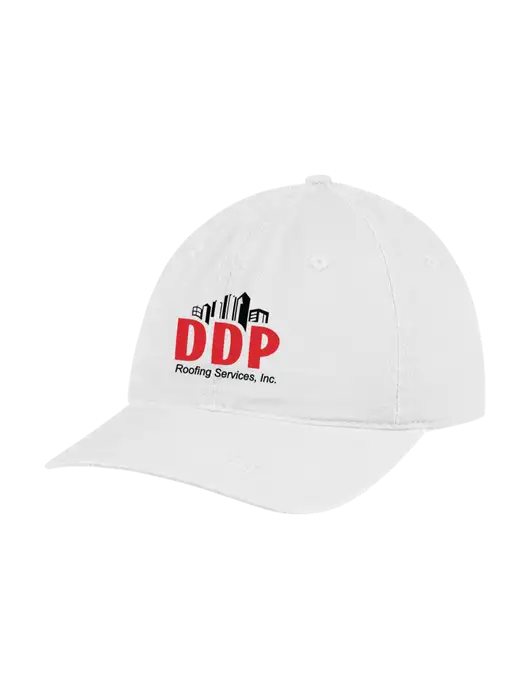Garment Washed Unstructured Twill White Cap w/DDP Roofing Services Logo