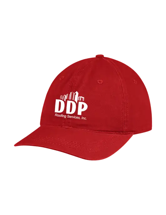 Garment Washed Unstructured Twill Red Cap w/DDP Roofing Services Logo