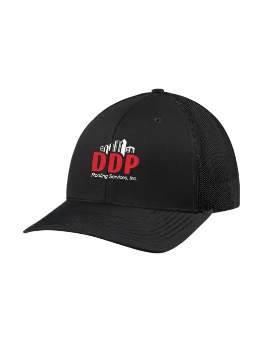 Richardson Adjustable Snapback Original 112 Trucker Cap Black w/Black Mesh w/DDP Roofing Services Logo
