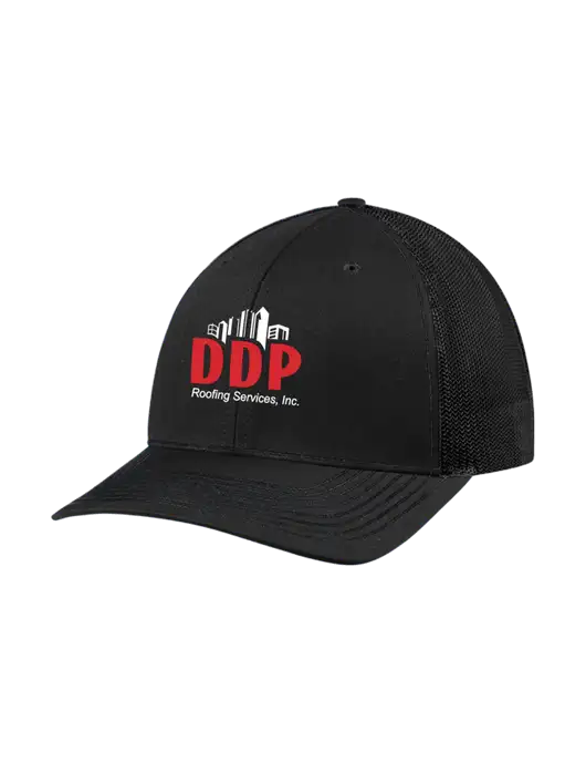 Richardson Adjustable Snapback Original 112 Trucker Cap Black w/Black Mesh w/DDP Roofing Services Logo