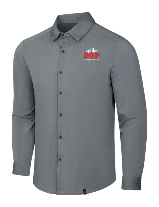 OGIO Medium Grey Heather Commuter Woven Shirt w/DDP Roofing Services Logo