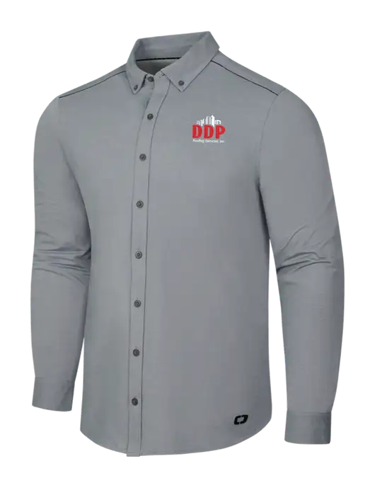 OGIO Medium Grey Heather Modern Code Stretch Button-Up Shirt w/DDP Roofing Services Logo