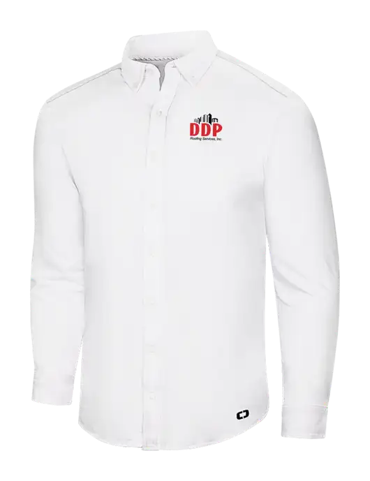 OGIO Bright White Modern Code Stretch Button-Up Shirt w/DDP Roofing Services Logo