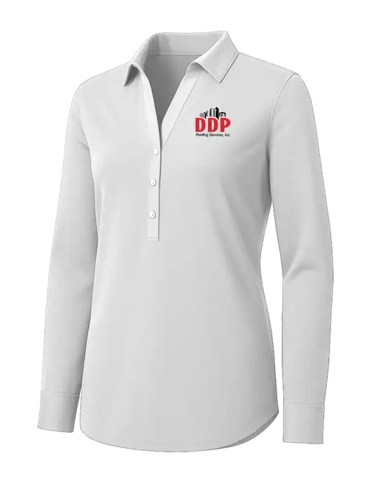 Womens White City Stretch Shirt w/DDP Roofing Services Logo