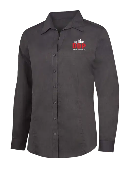 Womens Soft Black Crosshatch Easy Care Shirt w/DDP Roofing Services Logo