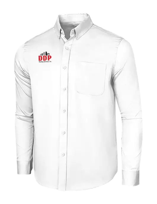 Long Sleeve White Superpro React Twill Shirt w/DDP Roofing Services Logo