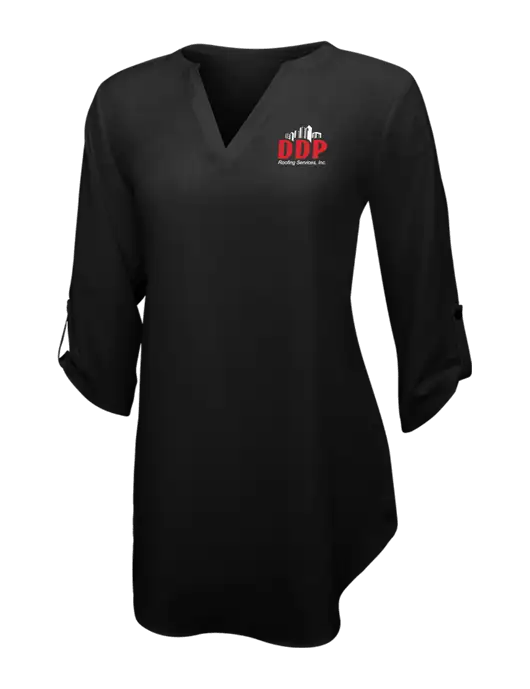 Womens Black 3/4 Sleeve Tunic Blouse w/DDP Roofing Services Logo