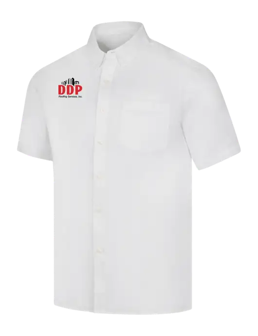Short Sleeve White Superpro React Twill Shirt w/DDP Roofing Services Logo