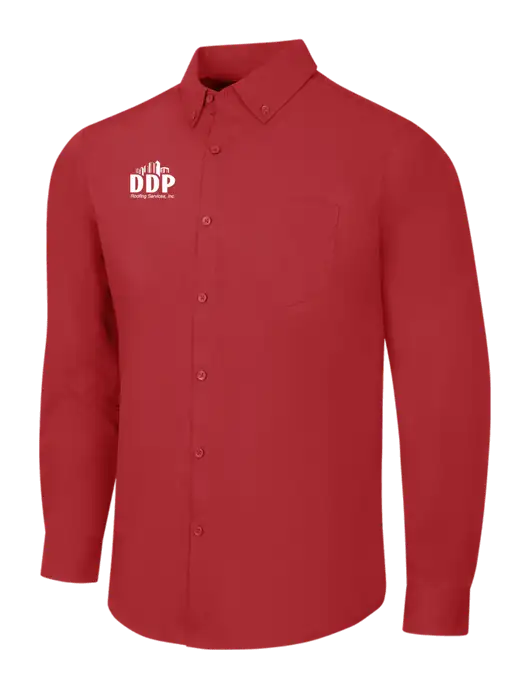 Red Long Sleeve Carefree Poplin Shirt w/DDP Roofing Services Logo