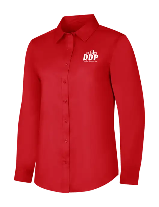 Red Womens Long Sleeve Superpro React Twill Shirt w/DDP Roofing Services Logo