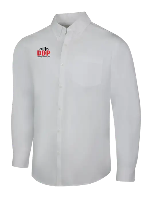 White Long Sleeve Carefree Poplin Shirt w/DDP Roofing Services Logo
