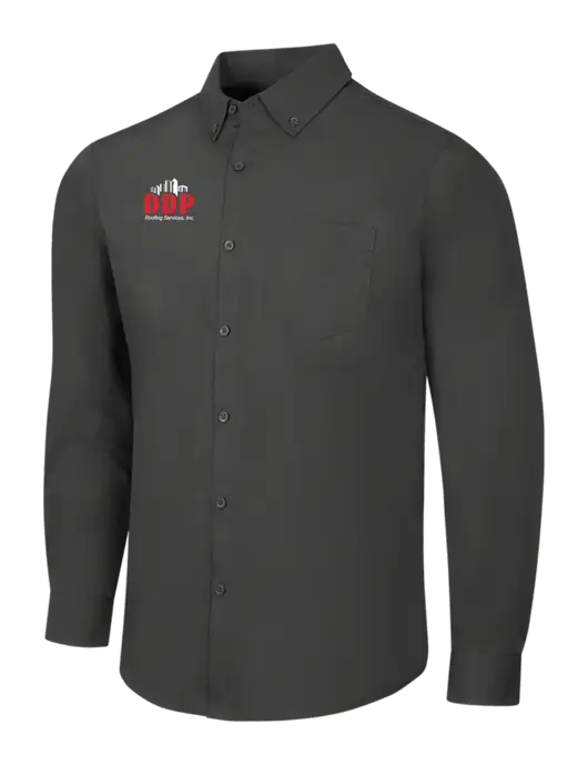 Dark Grey Long Sleeve Carefree Poplin Shirt w/DDP Roofing Services Logo