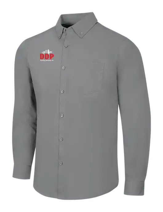 Medium Grey Long Sleeve Carefree Poplin Shirt w/DDP Roofing Services Logo