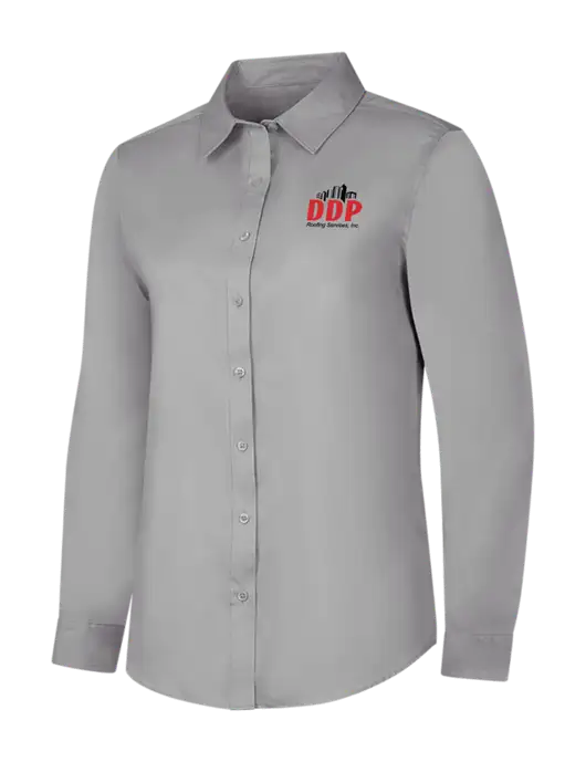 Light Grey Womens Long Sleeve Superpro React Twill Shirt w/DDP Roofing Services Logo