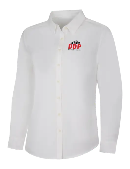 Womens White Long Sleeve Superpro React Twill Shirt w/DDP Roofing Services Logo