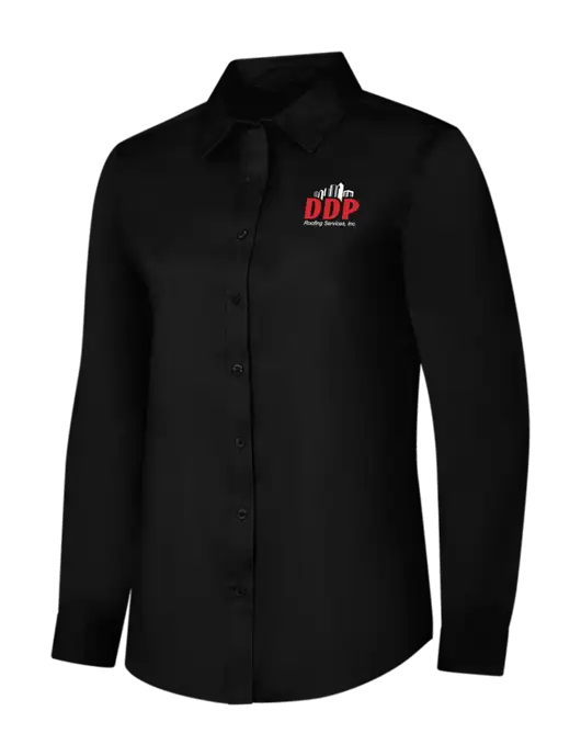 Womens Black Long Sleeve Superpro React Twill Shirt w/DDP Roofing Services Logo