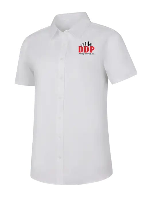 Womens White Short Sleeve Superpro React Twill Shirt w/DDP Roofing Services Logo