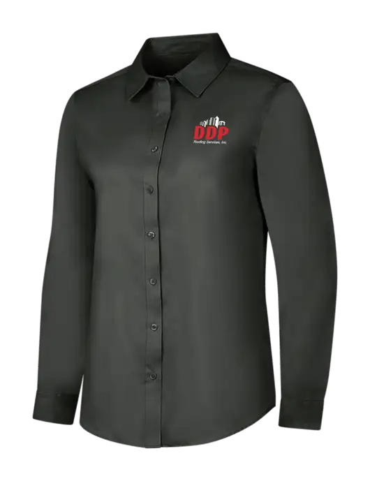 Dark Grey Womens Long Sleeve Superpro React Twill Shirt w/DDP Roofing Services Logo