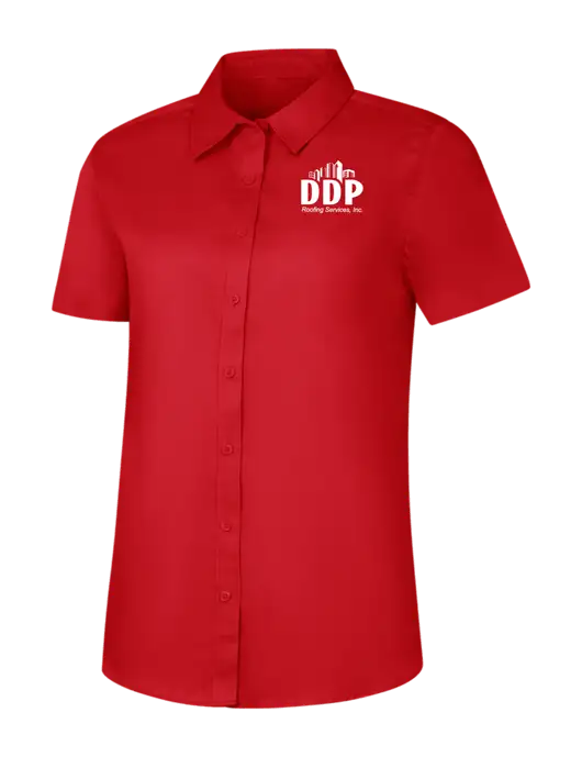 Womens Red Short Sleeve Superpro React Twill Shirt w/DDP Roofing Services Logo