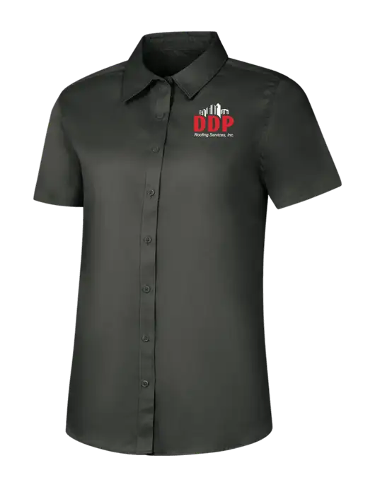 Womens Dark Grey Short Sleeve Superpro React Twill Shirt w/DDP Roofing Services Logo