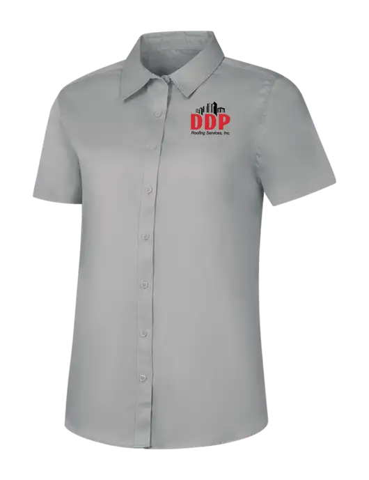 Womens Light Grey Short Sleeve Superpro React Twill Shirt w/DDP Roofing Services Logo