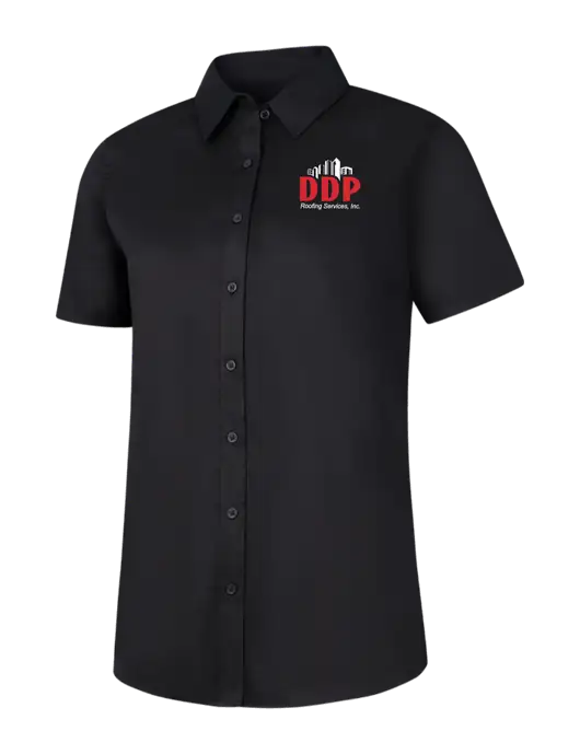 Womens Black Short Sleeve Superpro React Twill Shirt w/DDP Roofing Services Logo