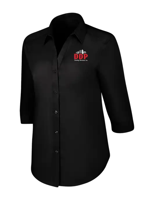 Womens Black 3/4 Sleeve Carefree Poplin Shirt w/DDP Roofing Services Logo