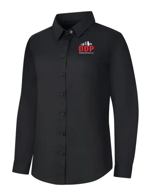 Womens Black Long Sleeve Carefree Poplin Shirt w/DDP Roofing Services Logo