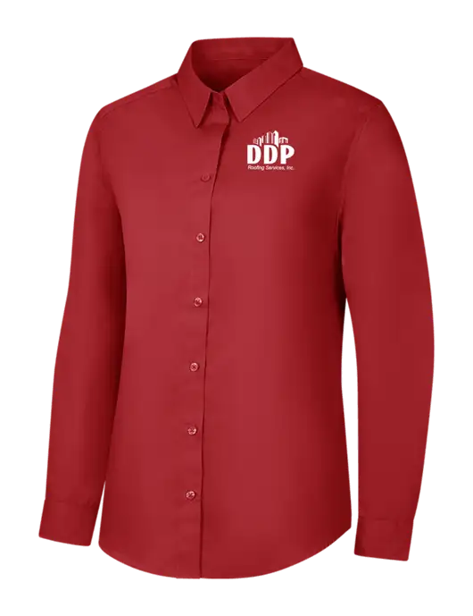 Womens Rich Red  Long Sleeve Carefree Poplin Shirt w/DDP Roofing Services Logo