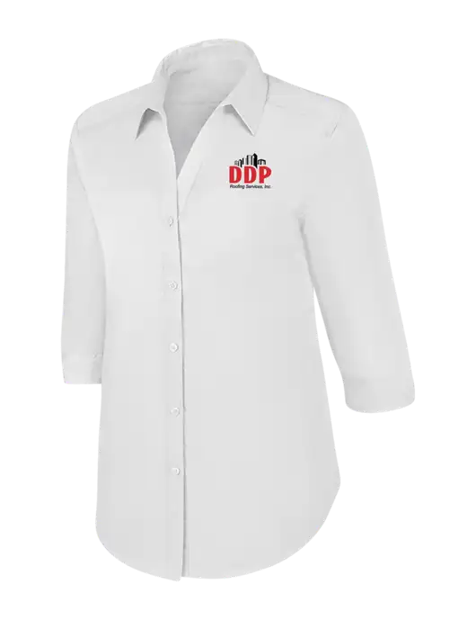 Womens White 3/4 Sleeve Carefree Poplin Shirt w/DDP Roofing Services Logo