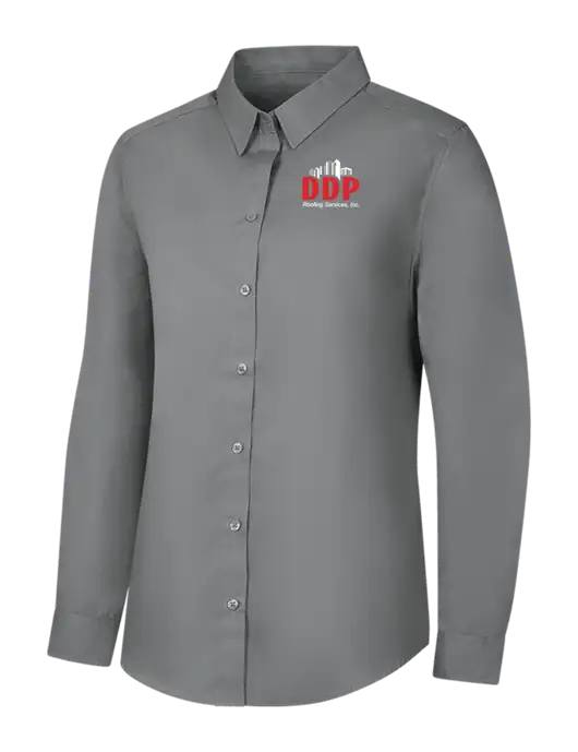 Womens Medium Grey Long Sleeve Carefree Poplin Shirt w/DDP Roofing Services Logo