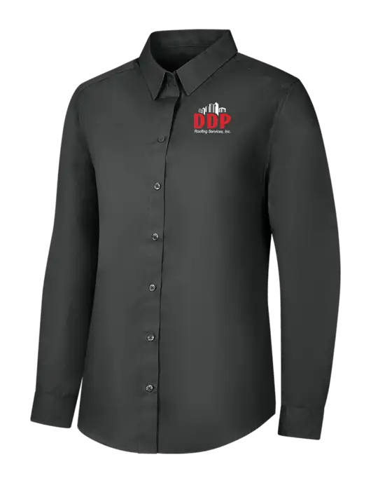 Womens Dark Grey Long Sleeve Carefree Poplin Shirt w/DDP Roofing Services Logo