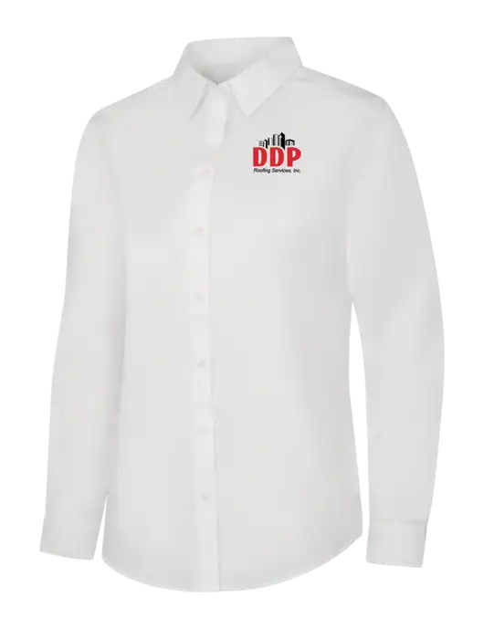Womens White Long Sleeve Carefree Poplin Shirt w/DDP Roofing Services Logo