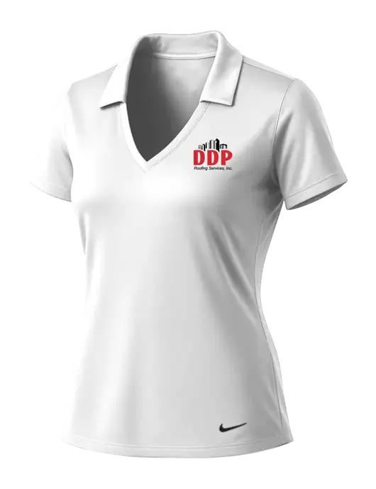 NIKE White Womens Dri-Fit Vertical Mesh Polo w/DDP Roofing Services Logo