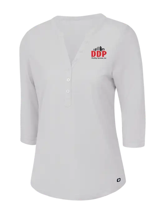 OGIO Bright White Jewel Henley w/DDP Roofing Services Logo