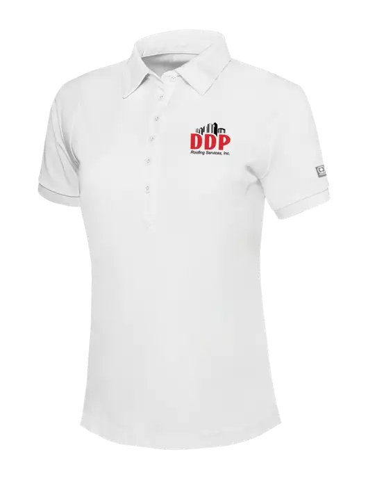 OGIO Womens Bright White Jewel Polo w/DDP Roofing Services Logo