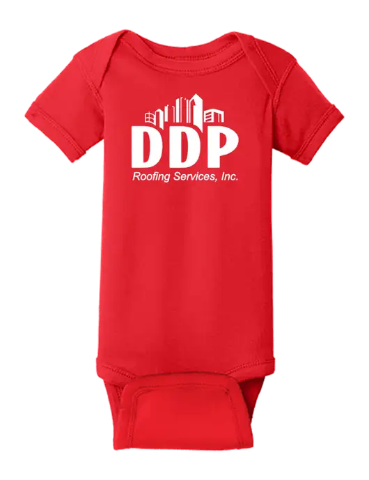 Rabbit Skins Red Infant Short Sleeve Baby Rib Bodysuit w/DDP Roofing Services Logo