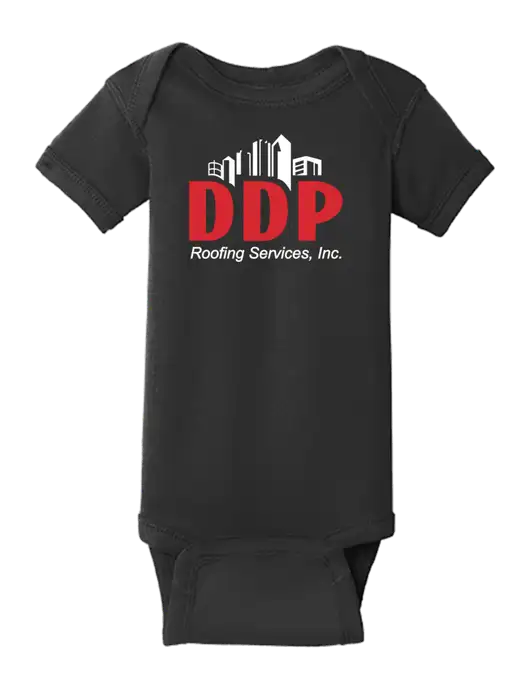 Rabbit Skins Black Infant Short Sleeve Baby Rib Bodysuit w/DDP Roofing Services Logo