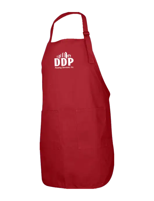 Full-Length Red Apron With Pockets w/DDP Roofing Services Logo