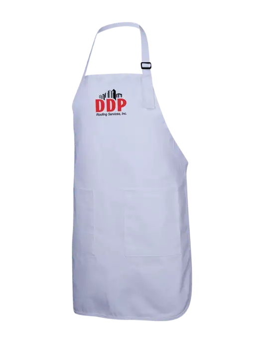 Full-Length White Apron With Pockets w/DDP Roofing Services Logo