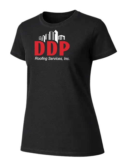 Womens Ring Spun Jet Black 4.5 oz T-Shirt w/DDP Roofing Services Logo