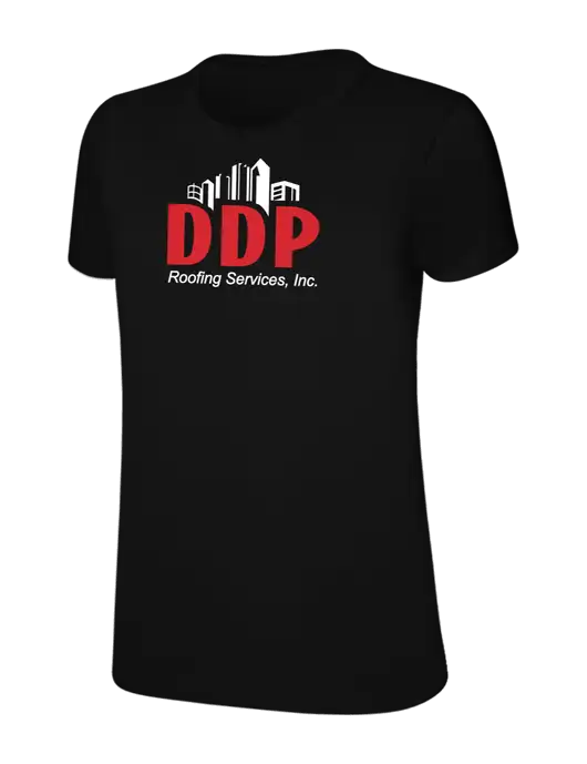 Womens Ring Spun Jet Black 4.5 oz T-Shirt w/DDP Roofing Services Logo
