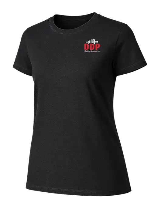 Womens Ring Spun Jet Black 4.5 oz T-Shirt w/DDP Roofing Services Logo