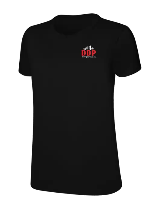 Womens Ring Spun Jet Black 4.5 oz T-Shirt w/DDP Roofing Services Logo