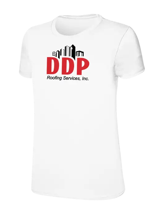 Womens Ring Spun White 4.5 oz T-Shirt w/DDP Roofing Services Logo