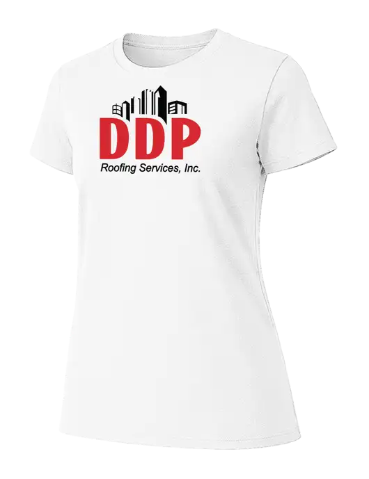 Womens Ring Spun White 4.5 oz T-Shirt w/DDP Roofing Services Logo