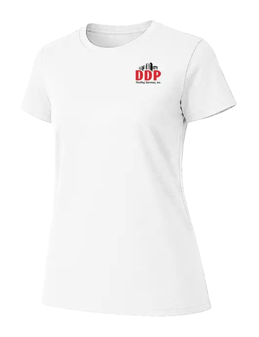 Womens Ring Spun White 4.5 oz T-Shirt w/DDP Roofing Services Logo